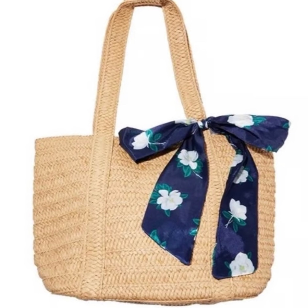 New Draper James Lined Straw Woven Tote Bag Removable Navy Floral Scarf Accent